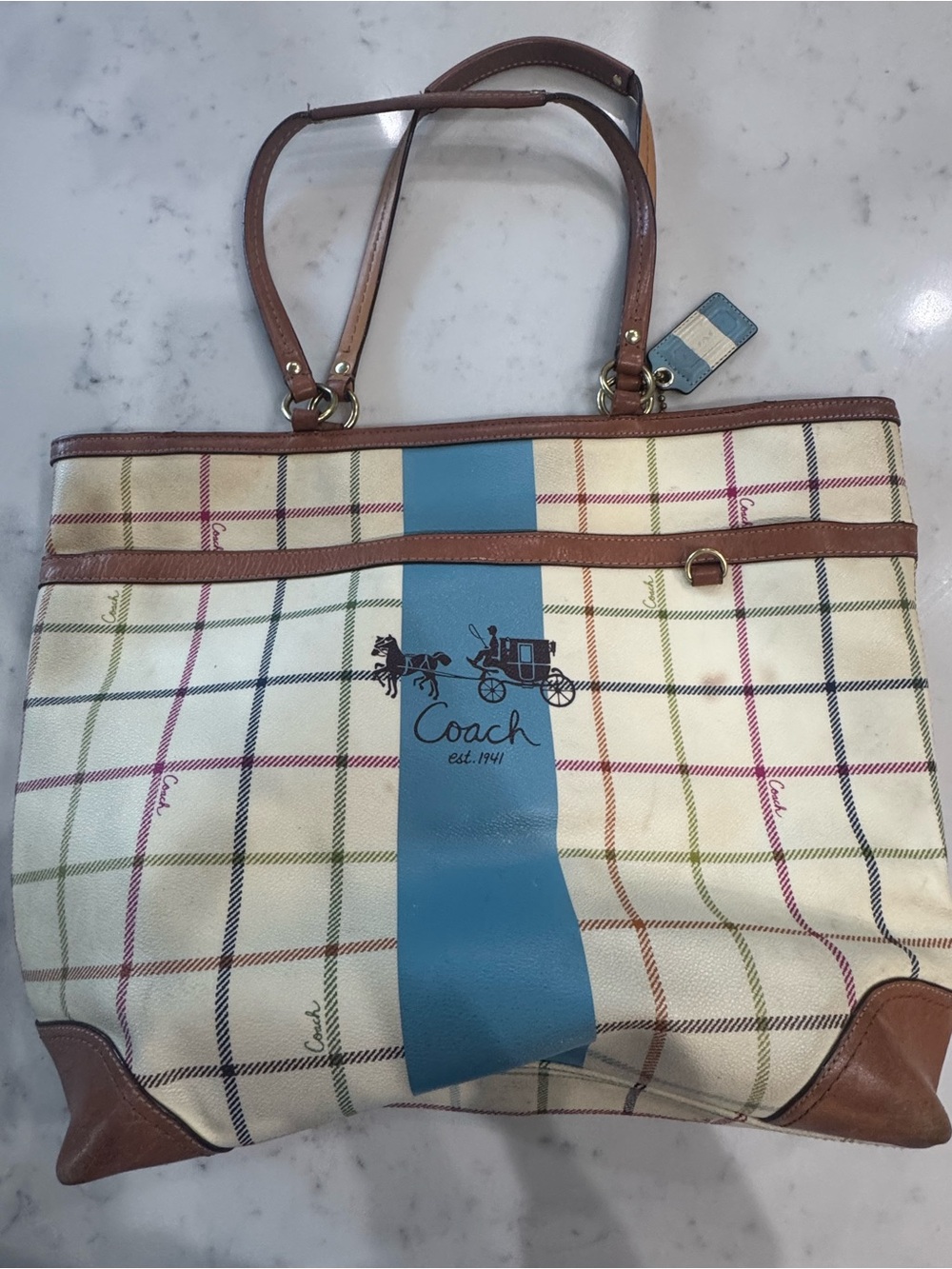 Coach Cream Plaid Canvas Tote with Blue Center Stripe well loved :)